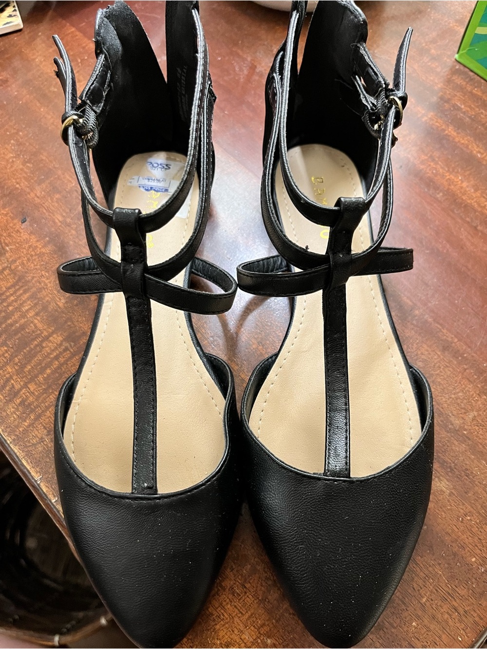 BAMBOO Black T-Strap Pointed Toe Flats